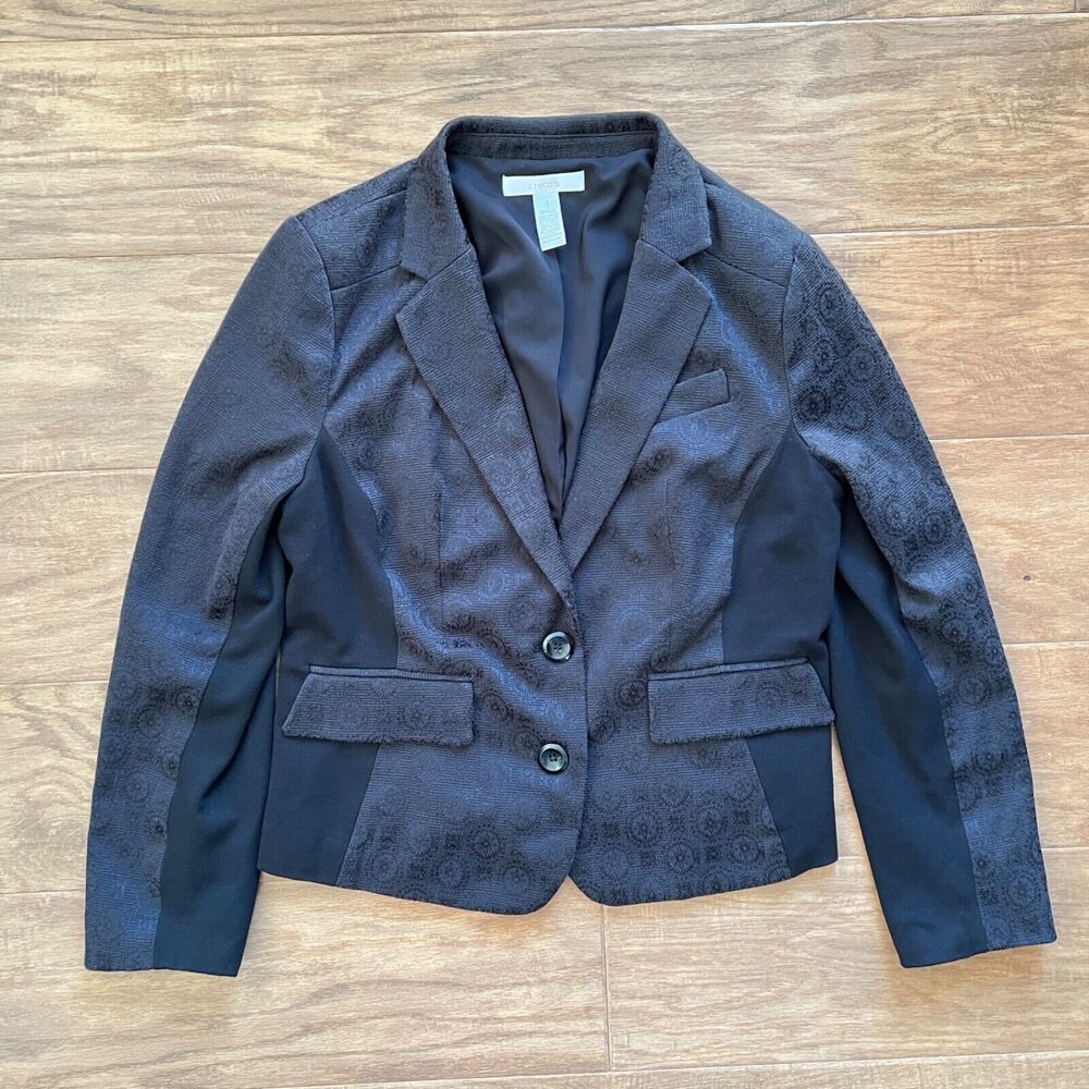 Chico's Blazer Size 1 (M) Black Jacquard Medallion Print 2-Button
